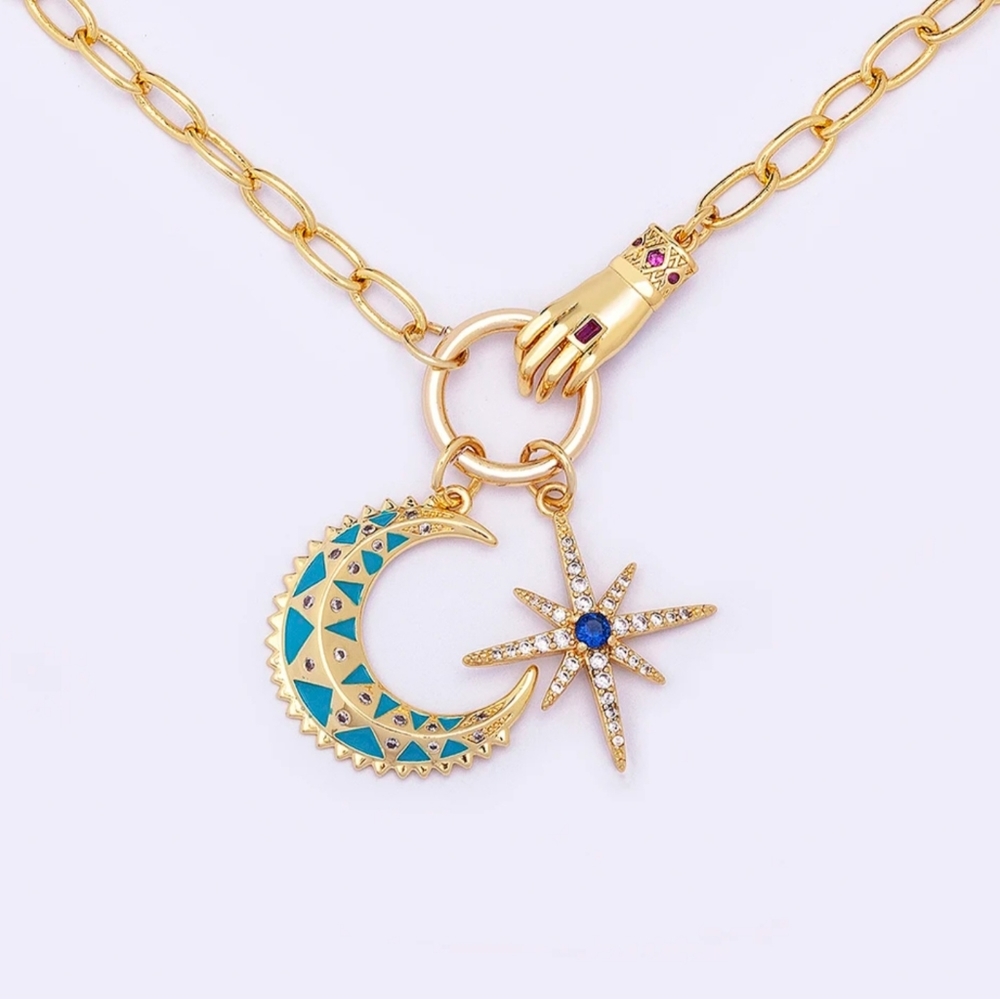 🆕️Crescent Moon & Starburst Paper Clip Chain 18k Gold Plated Necklace CZ NEW - Picture 6 of 6